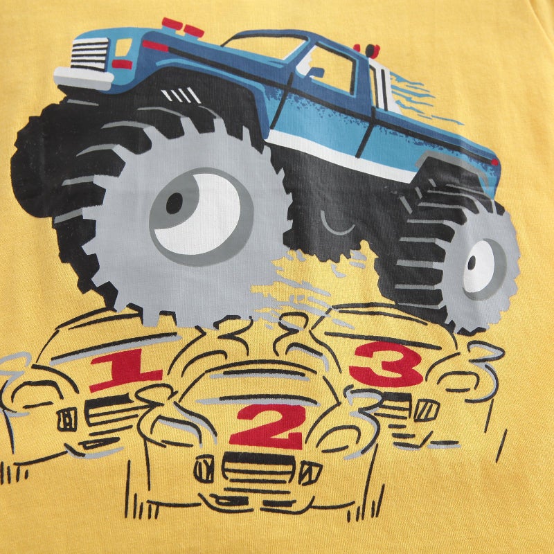 HowJoJo Boys Long Sleeve Cotton T-Shirts Monster Truck Shirt Graphic Tees Blue fire truck/Yellow 5T - Image 4